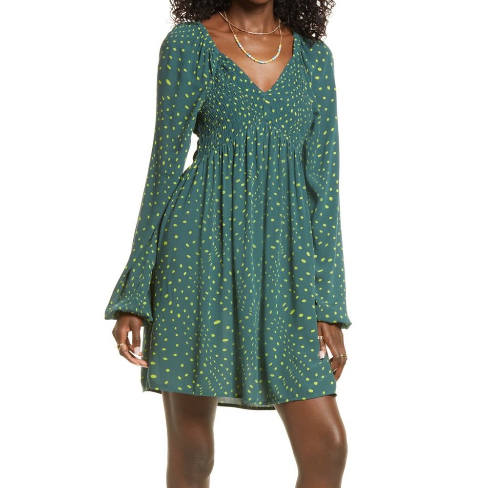 BP Nordstrom Smocked Balloon Sleeved Babydoll Minidress Size Large Green